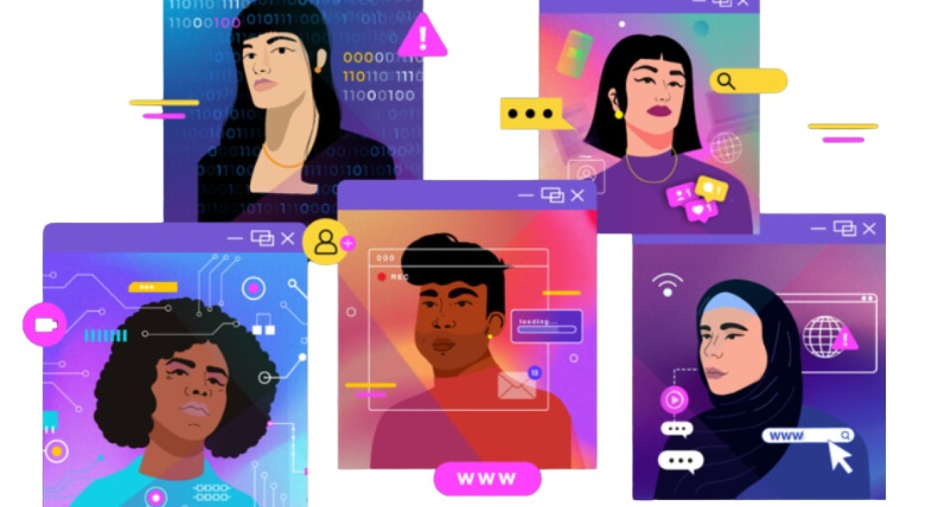 The image displays a collage of five separate digital portraits, featuring young adults against a colorful and tech-inspired background.